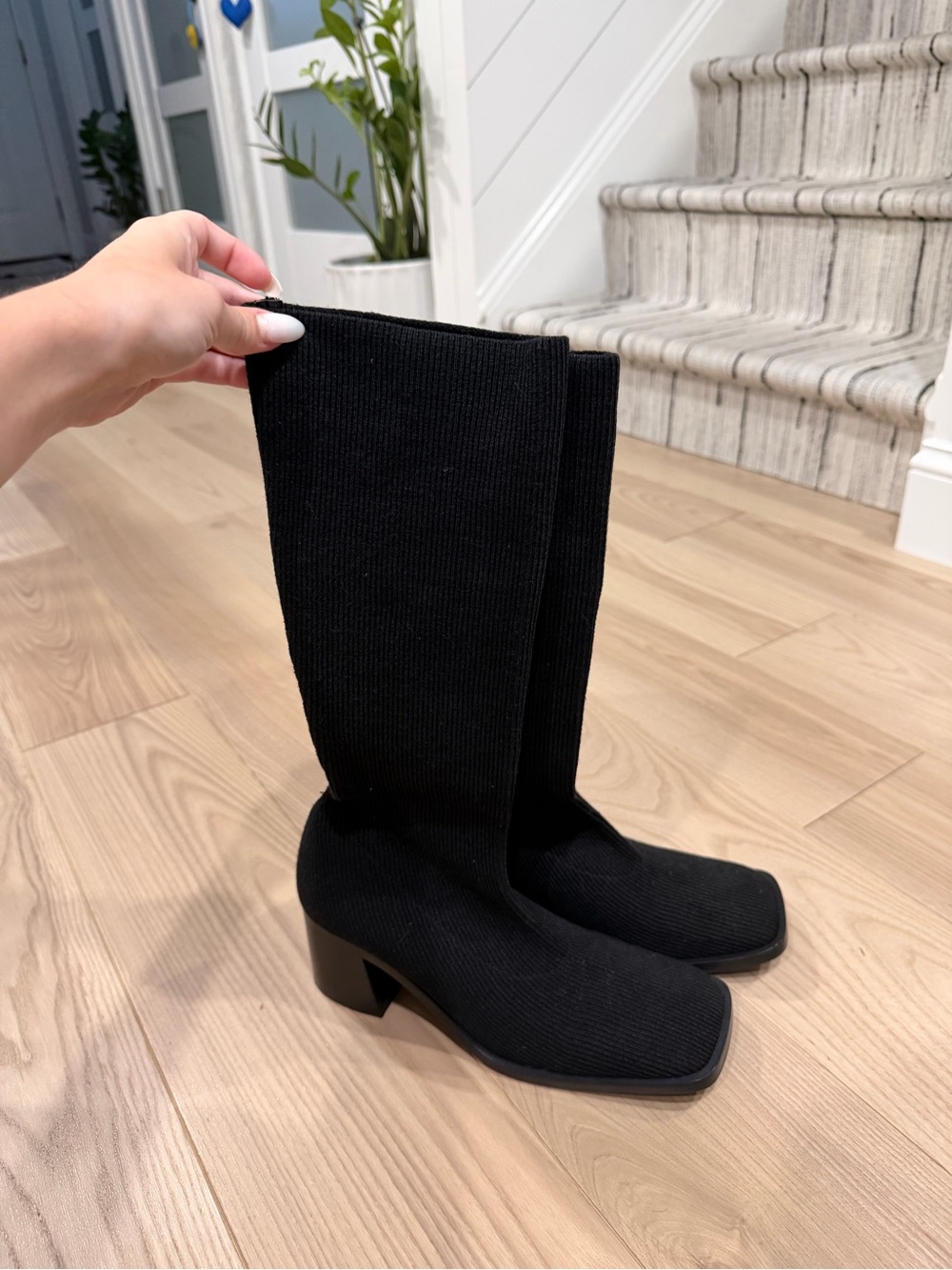 Miista Black Ribbed Knit Sock Knee High Boots Square Toe Block Heel EU 38